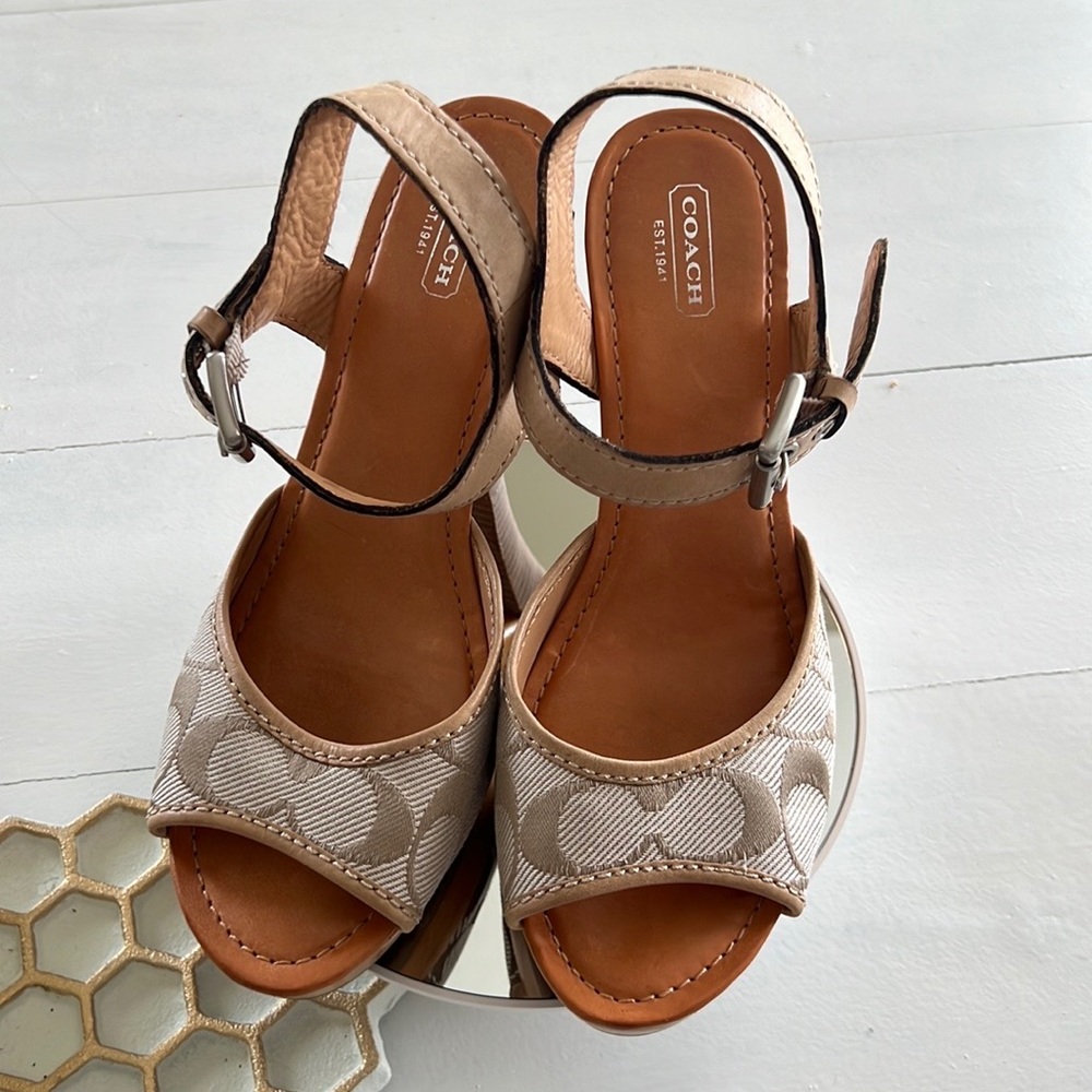 🤎COACH🤎Elanna Signature Logo Open Toe Buckled Pumps Size 8